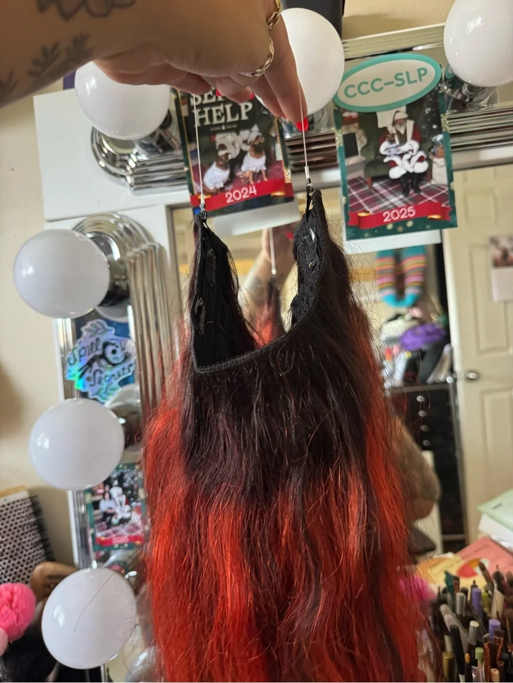 YoungSee Human Hair Invisible Wire Halo Extensions 16” Black to Orange Ombre